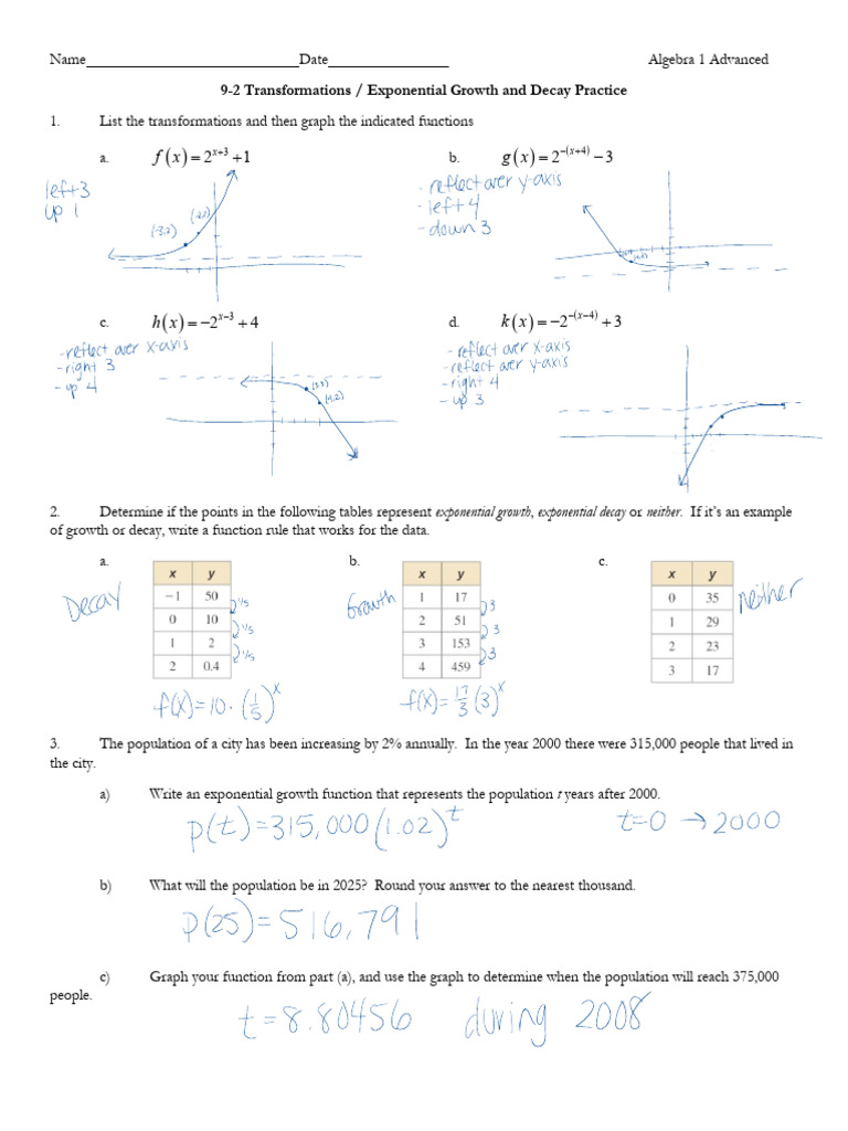 9-2 - KEY Transformations Growth and Decay Practice | PDF | Functions ...