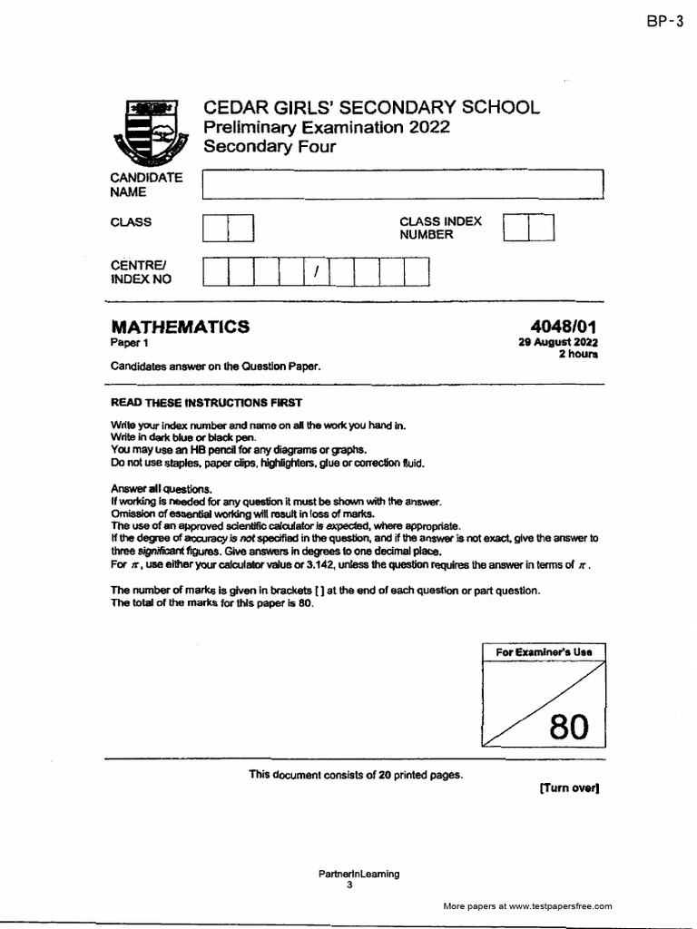 Sec4 2022 Mathematics Prelims Cedar Q A | PDF