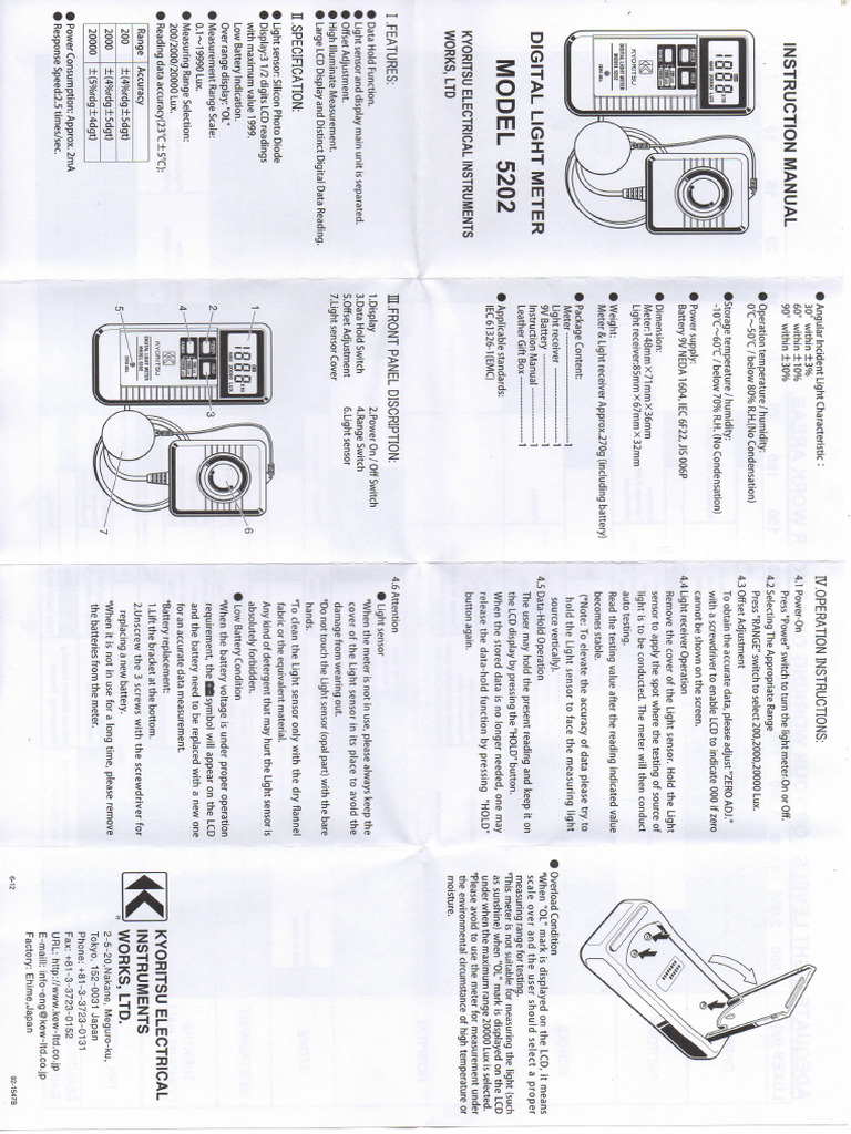 Digital Light Meter Merk Kyoritsu, Model 5202 | PDF