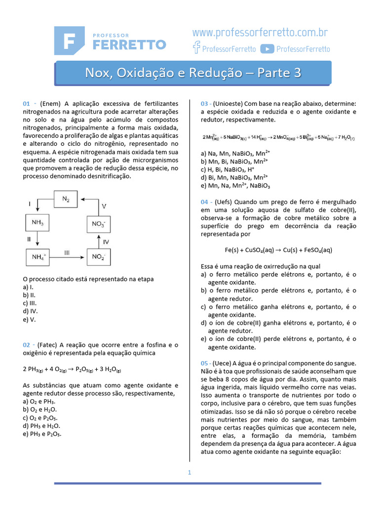 10 Questões Nox, Oxidação e Redução - Parte 3 | PDF | Reações químicas ...