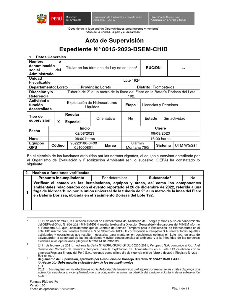 Acta de Supervision - Exp. #015-2023-DSEM-CHID (Dorissa) | PDF ...