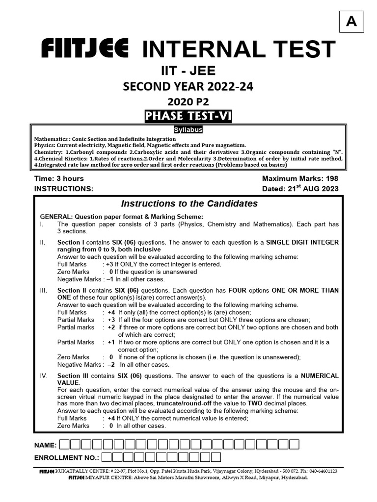 Phase Test VI: IIT-JEE 2022-24 | PDF | Physical Quantities ...