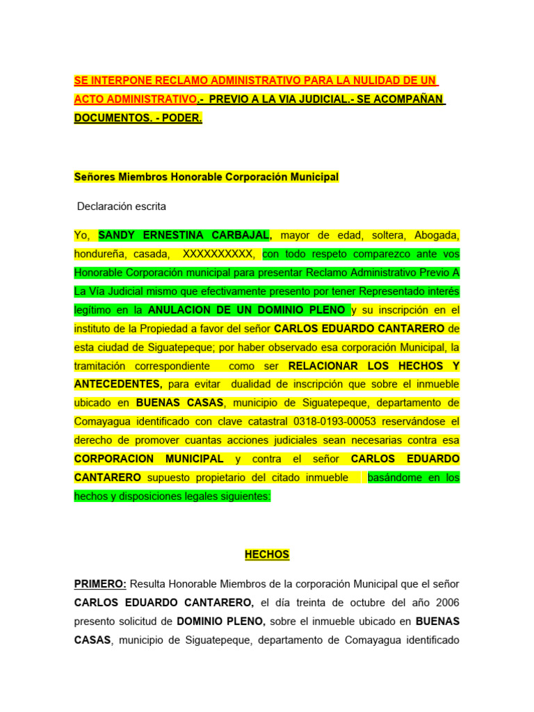 Reclamo Administrativo por Nulidad de Dominio | PDF | Propiedad | Justicia