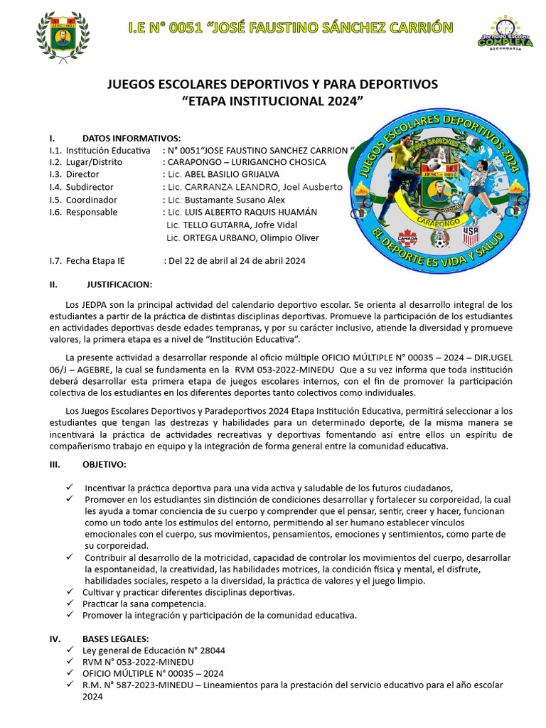 Juegos Escolares Deportivos y para Deportivos 2024 I.E. 0051 | PDF ...