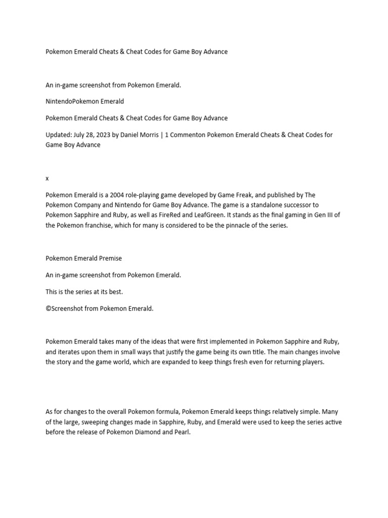 Pokemon Emerald Cheat Codes Guide | PDF | Pokémon | Video Games