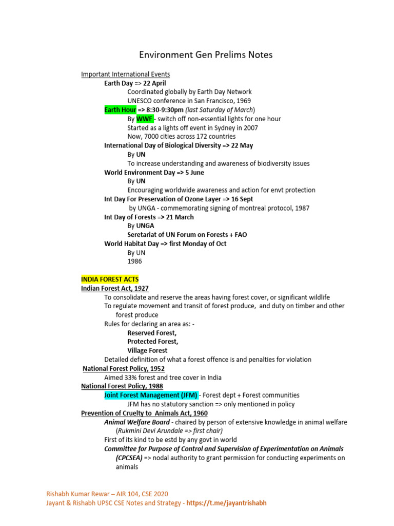 Environment Gen Prelims Notes | PDF | Rhinoceros | Endangered Species