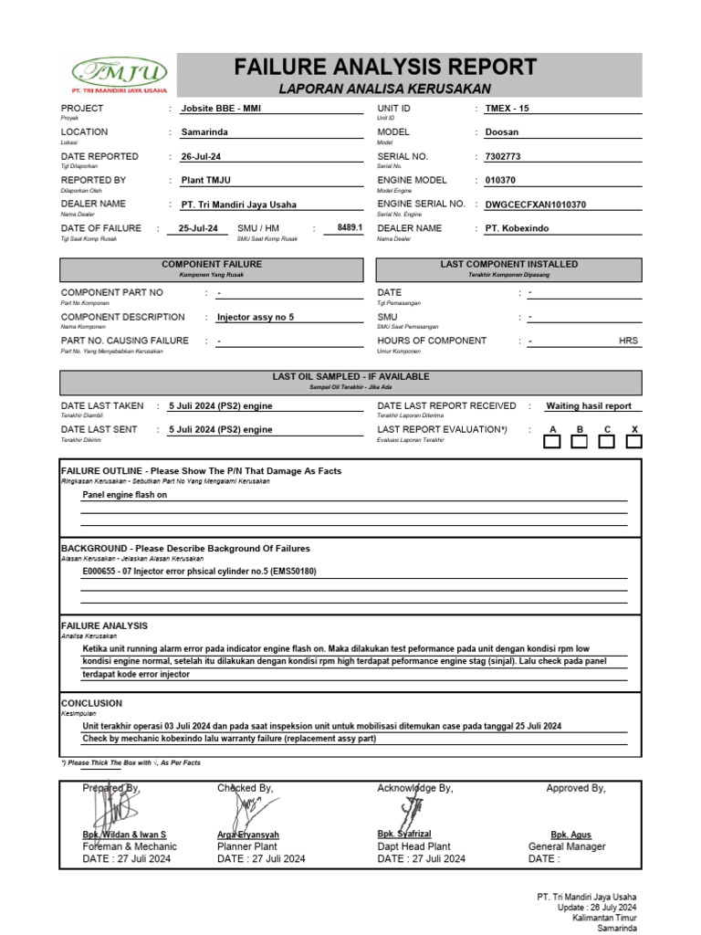 Failure Analysis Report Excavator 530 TMEX - 15 | PDF