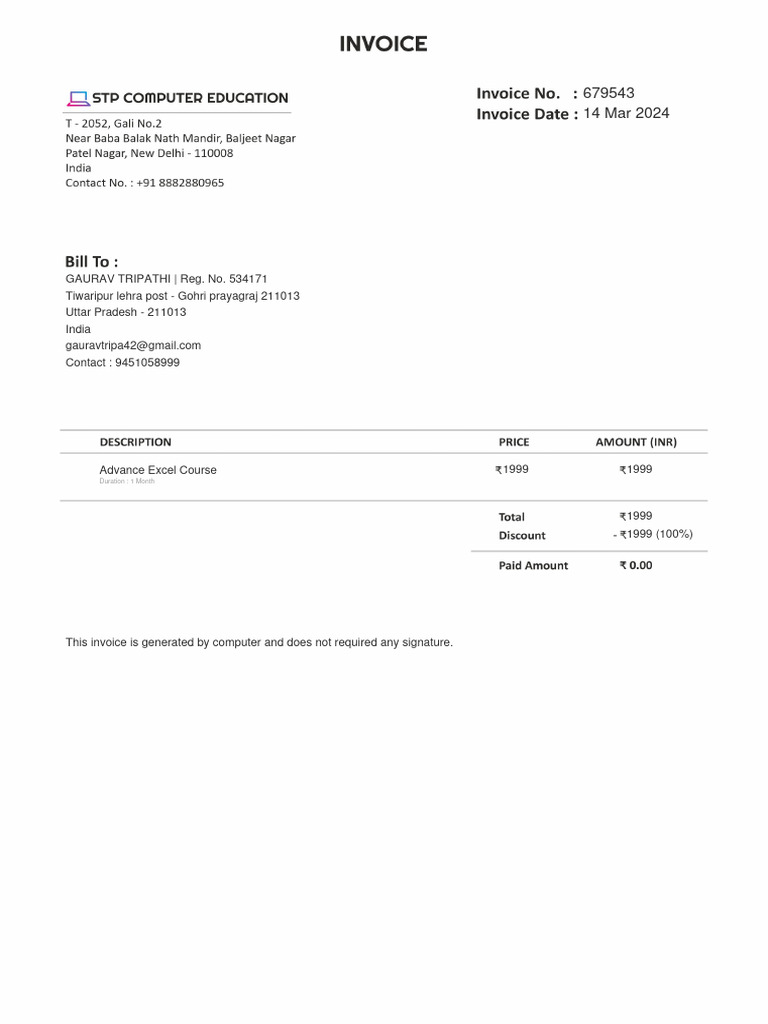 Advance excel invoice pdf