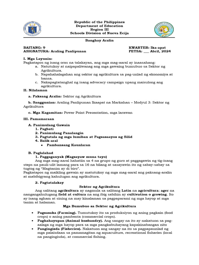 Ap 9 Semi Detailed Lp Sekto Ng Agrikultura Pdf