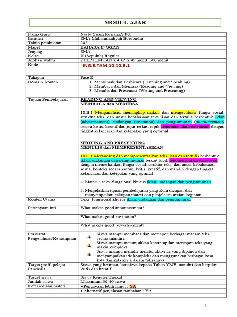 Modul Ajar Bahasa Inggris SMA Kelas X | PDF | Karier & Perkembangan ...
