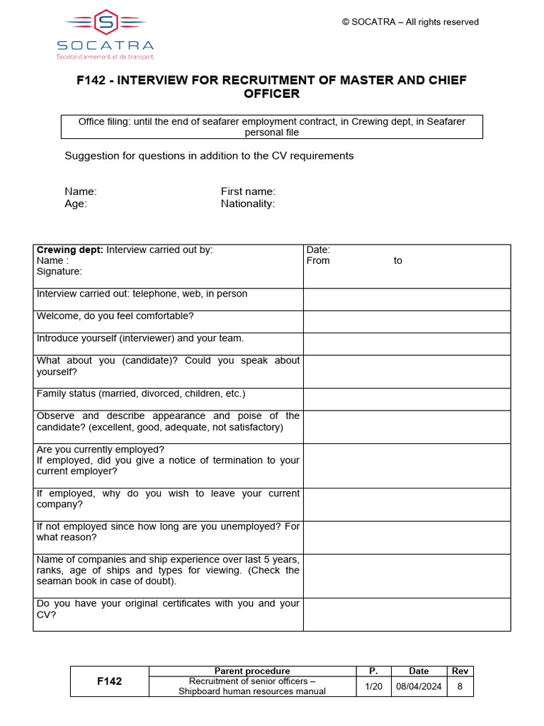F142 - Interview For Recruitment of Master and Chief Officer | PDF ...