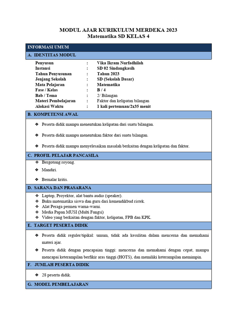 Modul Ajar Matematika Kelas 4 SD 2023 | PDF | Karier & Perkembangan