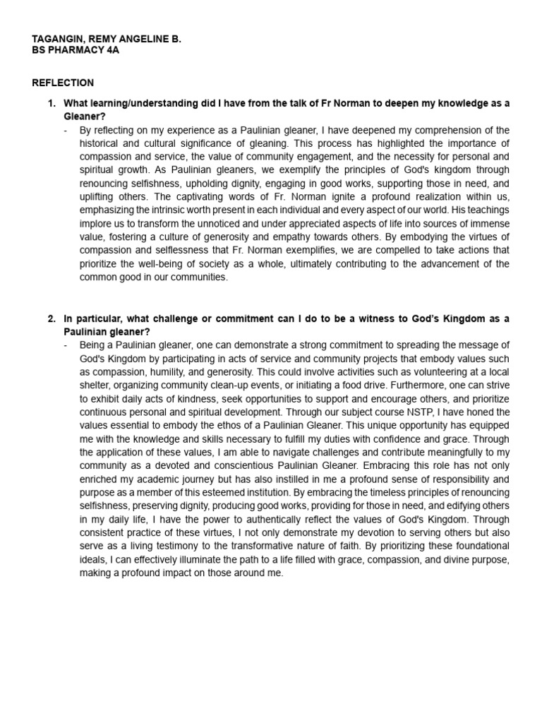 Paulinian Gleaner Reflection on Service | PDF | Compassion | Social ...