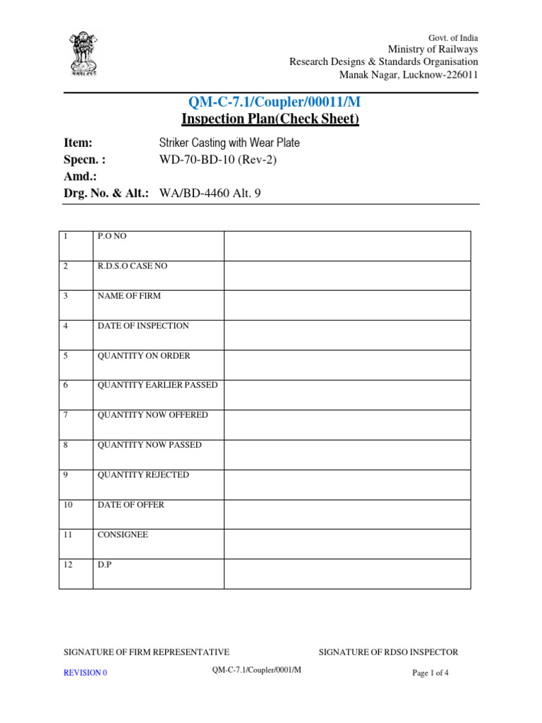 Striker Casting Inspection Plan | PDF | Technology & Engineering