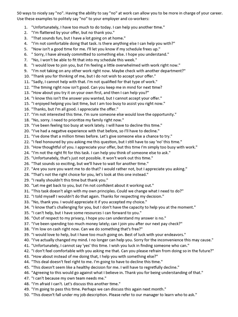 50 Ways To Nicely Say NO | PDF | Self-Improvement