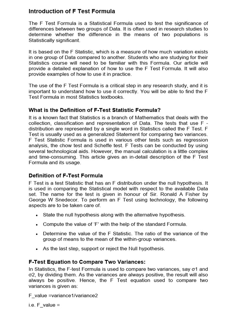 F Test Pdf F Test Variance