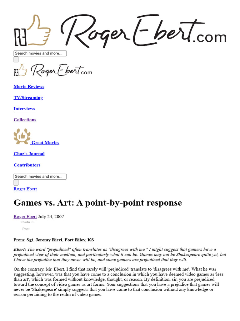 Games vs. Art - A Point-By-Point Response - Roger Ebert - Roger Ebert | PDF