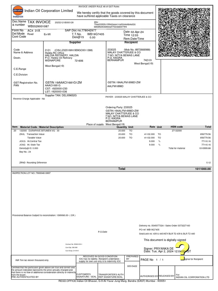 GST Tax Invoice for Haldia Refinery | PDF | Economies | Taxation