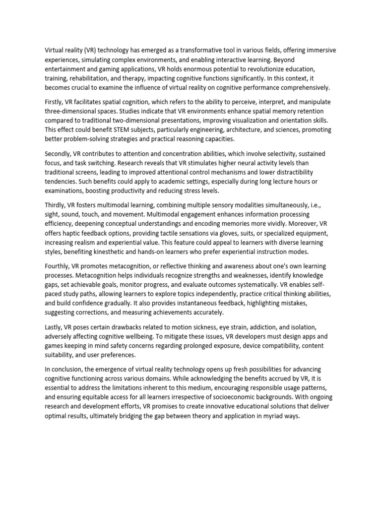 Exploring The Impact of Virtual Reality On Cognitive Function A ...