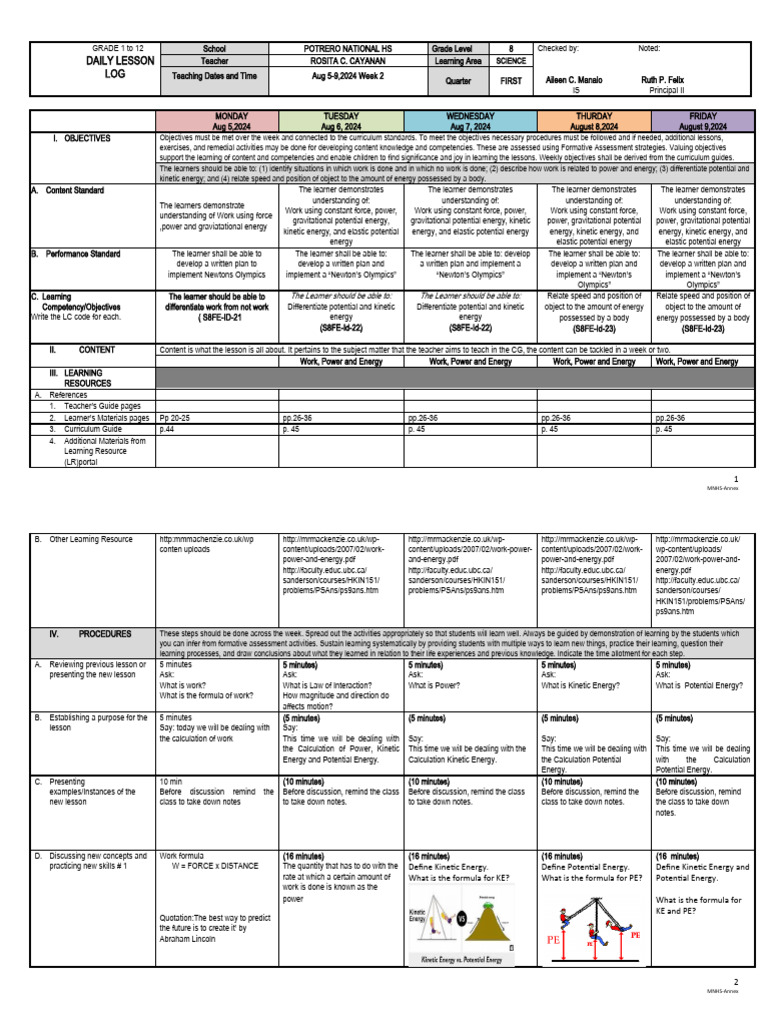 Grade 8 Science Daily Lesson Log | PDF | Learning | Potential Energy