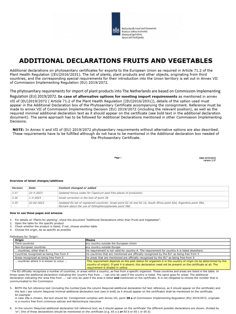Additional Declarations Fruits and Vegetables | PDF | European Union