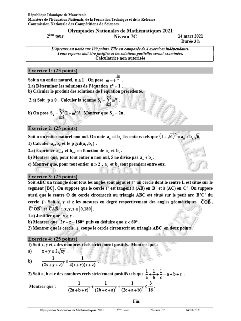Olympiades Mathématiques 2021 - 7C | PDF | Cercle | Triangle