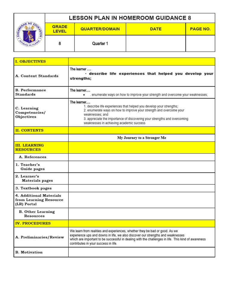 Homeroom Guidance Q1 Module 5 Lp Pdf Learning Experience