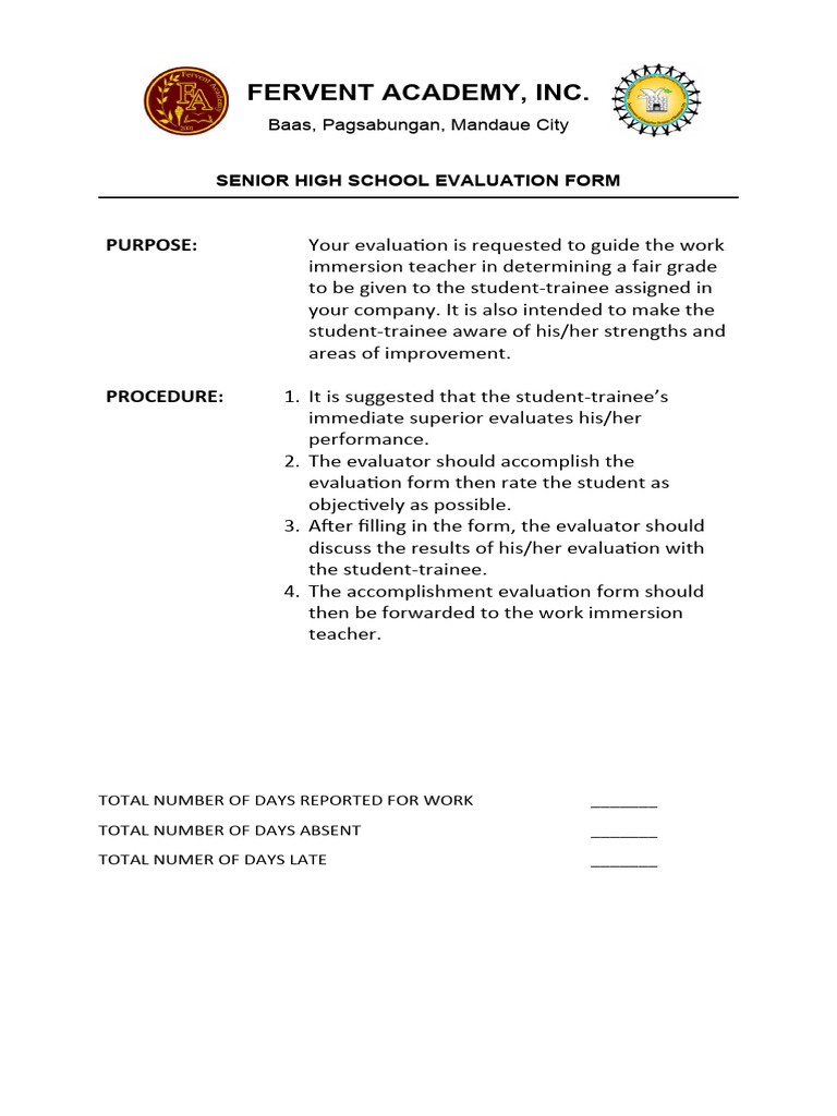 Senior High School Evaluation Form | PDF | Evaluation | Behavior ...
