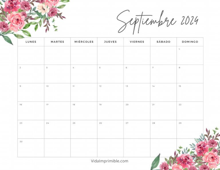 Lindo Calendario Flores Septiembre 2024 | PDF