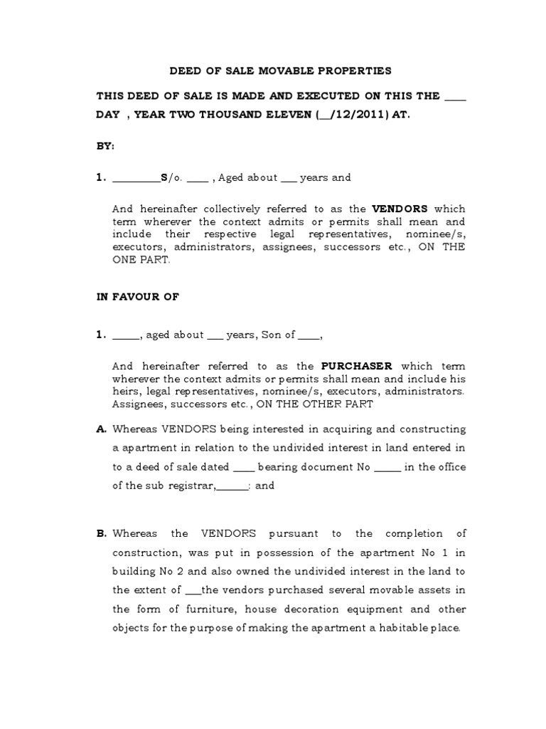 Deed of Sale for Movable Assets | PDF | Deed | Rupee
