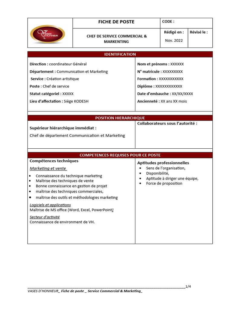 Fiche de Poste : Chef Service Commercial | PDF | Commercialisation ...