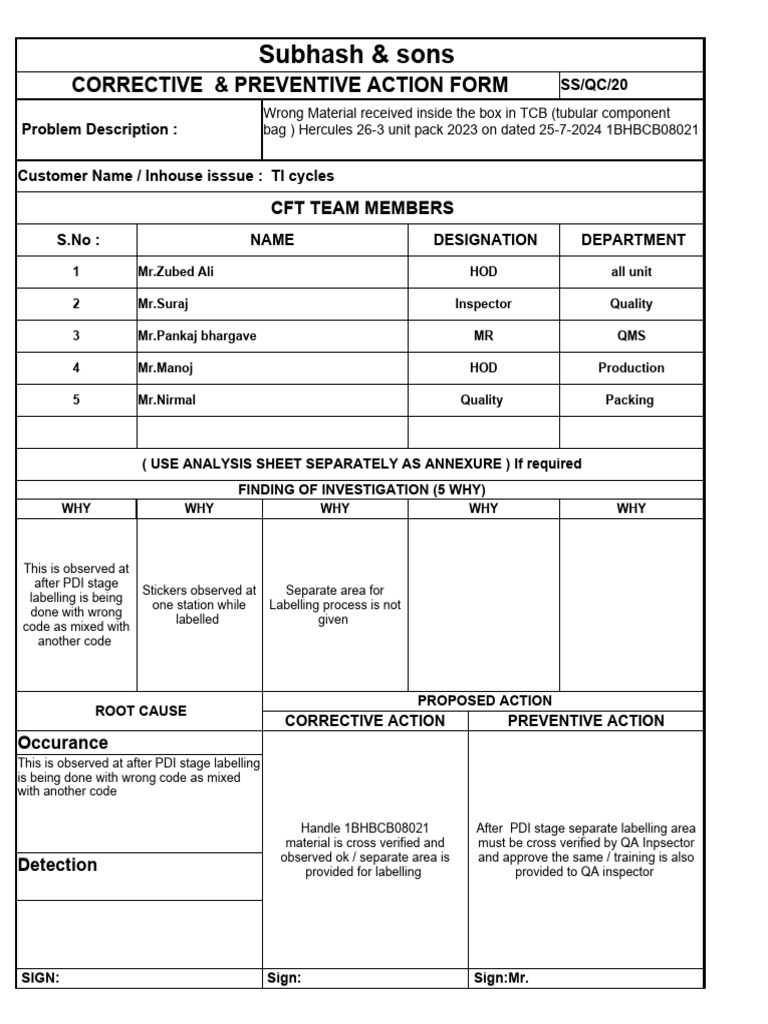 Corrective & Preventive Action Form | PDF | Systems Thinking | Quality