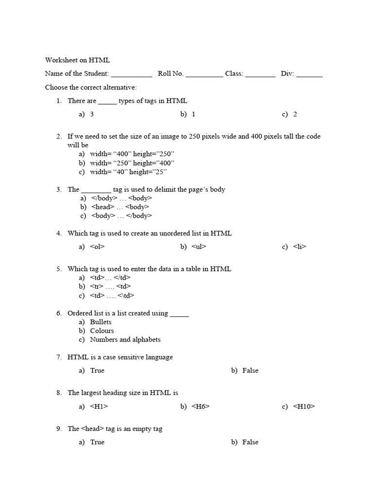 Worksheet On HTML | PDF | Html Element | Html