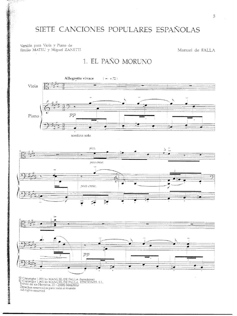 Falla Manuel De 7 Canciones Españolas Para Viola Y Piano Ed Mateu Y