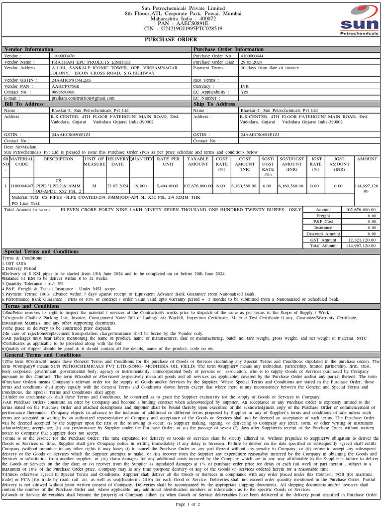 Sun Petrochemicals Purchase Order Details | PDF | Arbitration | Pipe ...