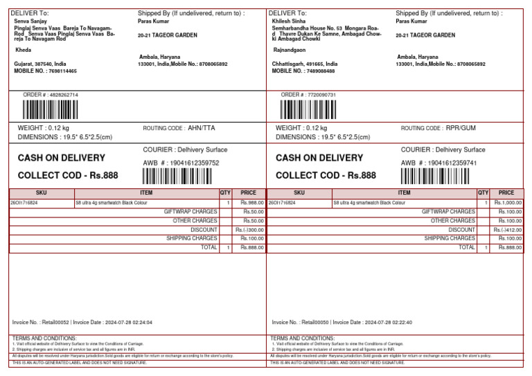 Smartwatch Order Invoices and Shipping Details | PDF