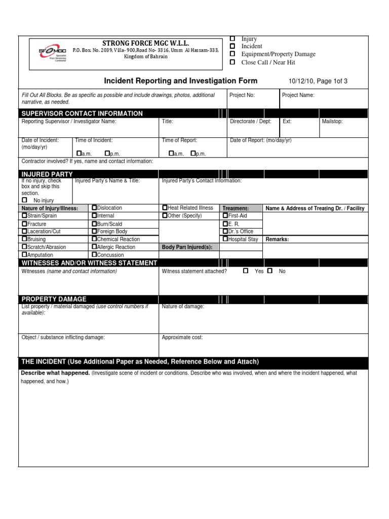 Incident Reporting and Investigation Form | PDF | Personal Protective ...
