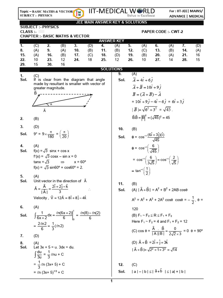 JEE Main Physics Answer Key 11th Grade | PDF | Euclid | Classical Mechanics