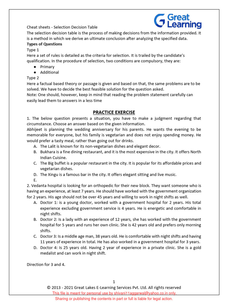 Cheat Sheets - Selection Decision Table | PDF | Restaurants