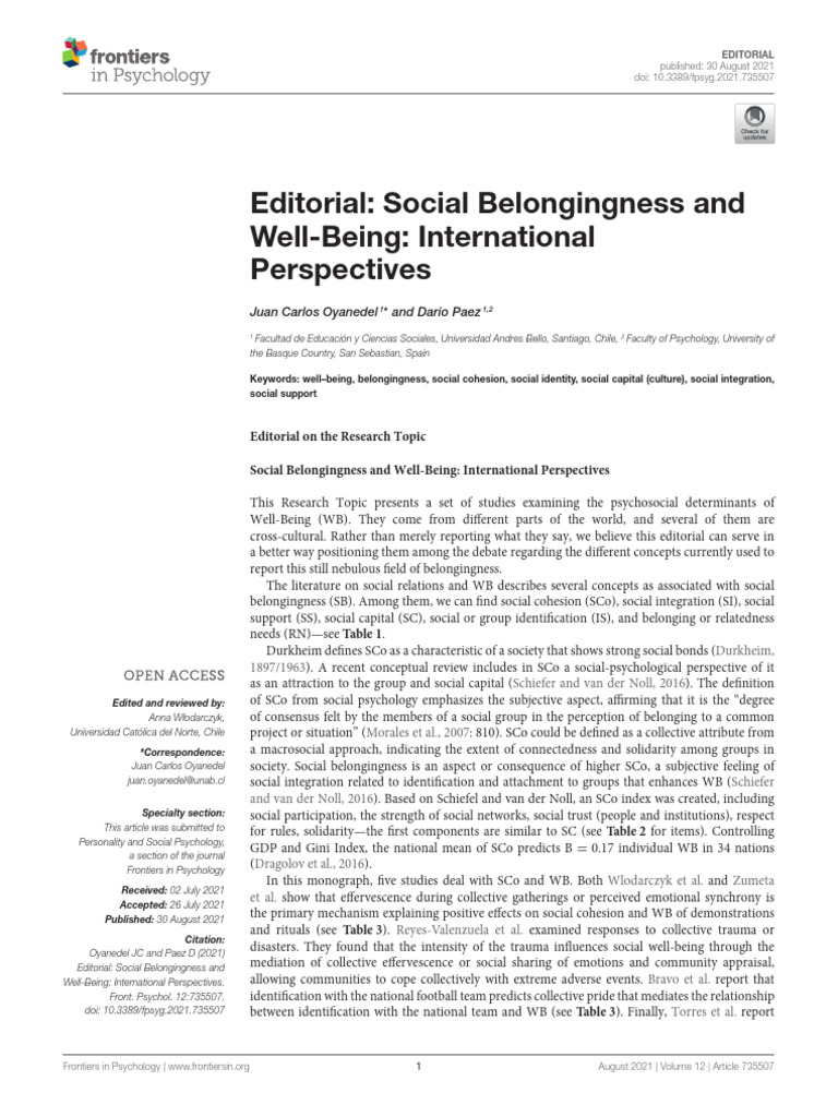 Social Belongingness and Well-Being | PDF | Social Support | Social Capital