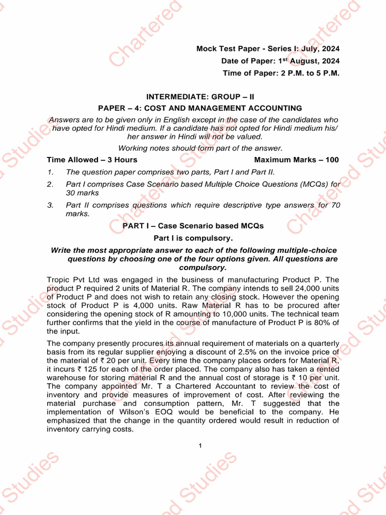CA Intermediate Paper - 4 Cost and Management Accounting MTP Series | PDF