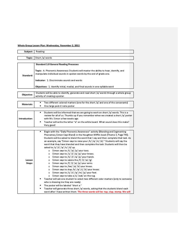 Short /a/ Phonics Lesson Plan | PDF | Lesson Plan | Reading (Process)