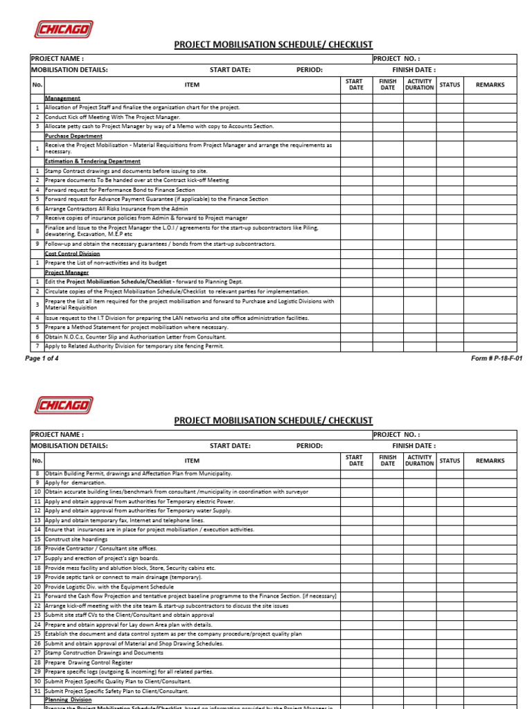 Project Mobilisation Schedule Checklist | PDF | General Contractor