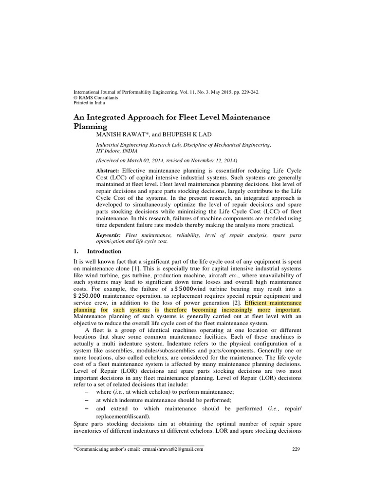1 An Integrated Approach For Fleet Level Maintenance 2015 | PDF ...