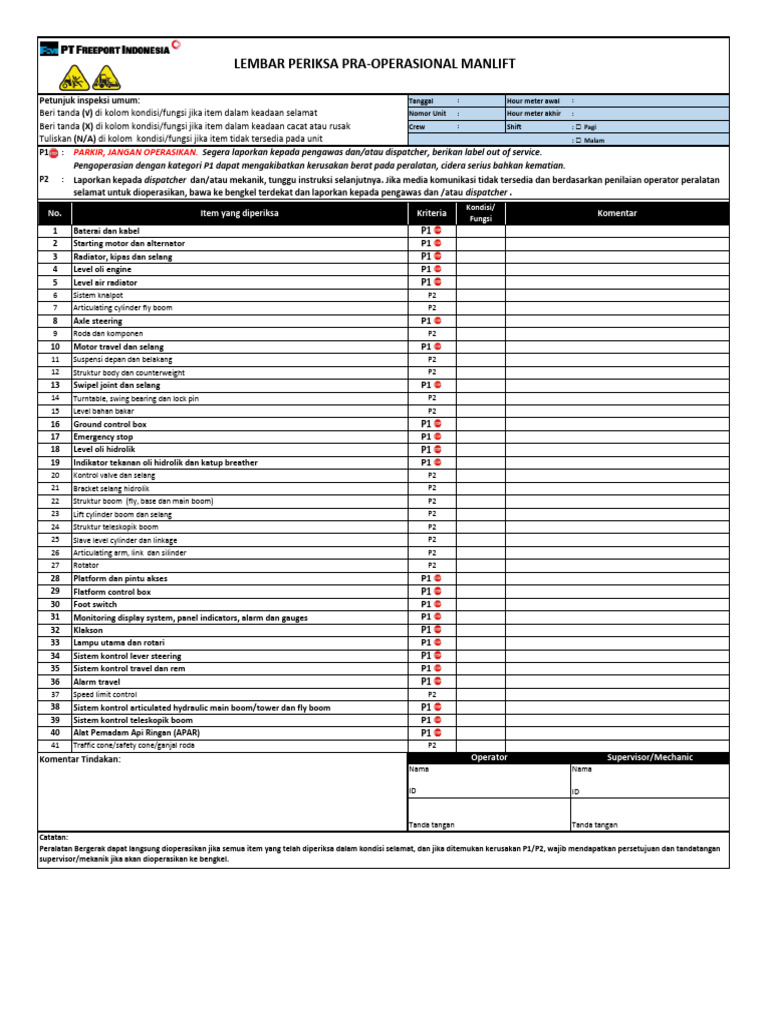 Pre-Ops Check Form MANLIFT | PDF | Teknologi & Rekayasa