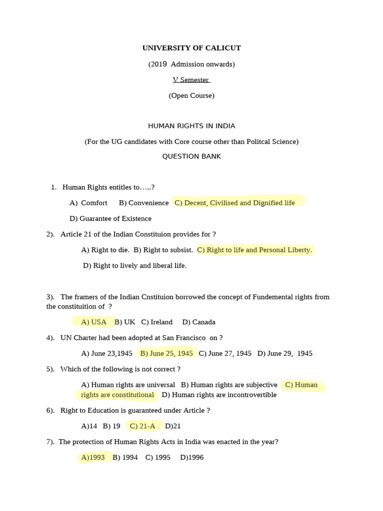 Human Rights MCQ Question Bank | PDF | Human Rights | Dalit