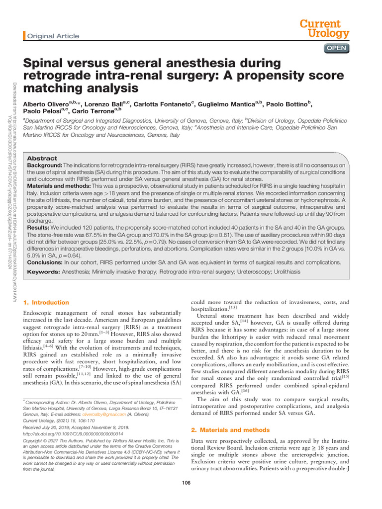 Spinal Versus General Anesthesia During Retrograde 7 Pdf Surgery
