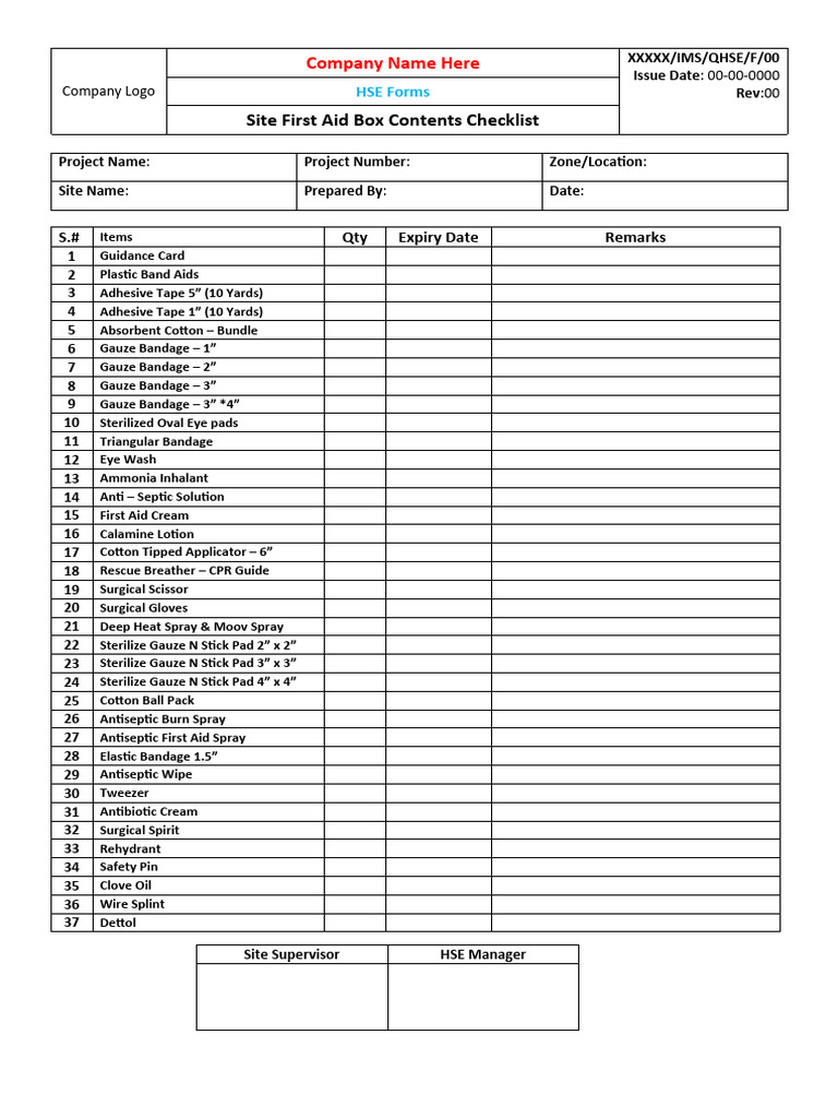 Project Site First Aid Box Contents Checklist | PDF | Business