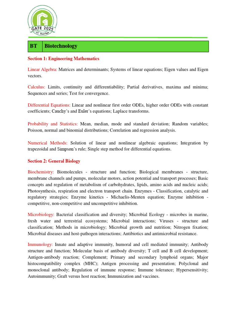 GATE - BT - 2025 - Syllabus | PDF | Biology | Genetics