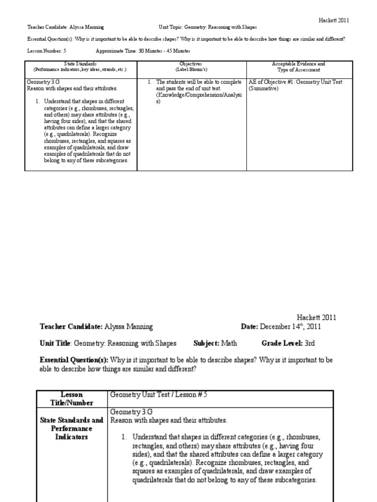 Summative Assessment Lesson Plan  PDF  Shape  Rectangle